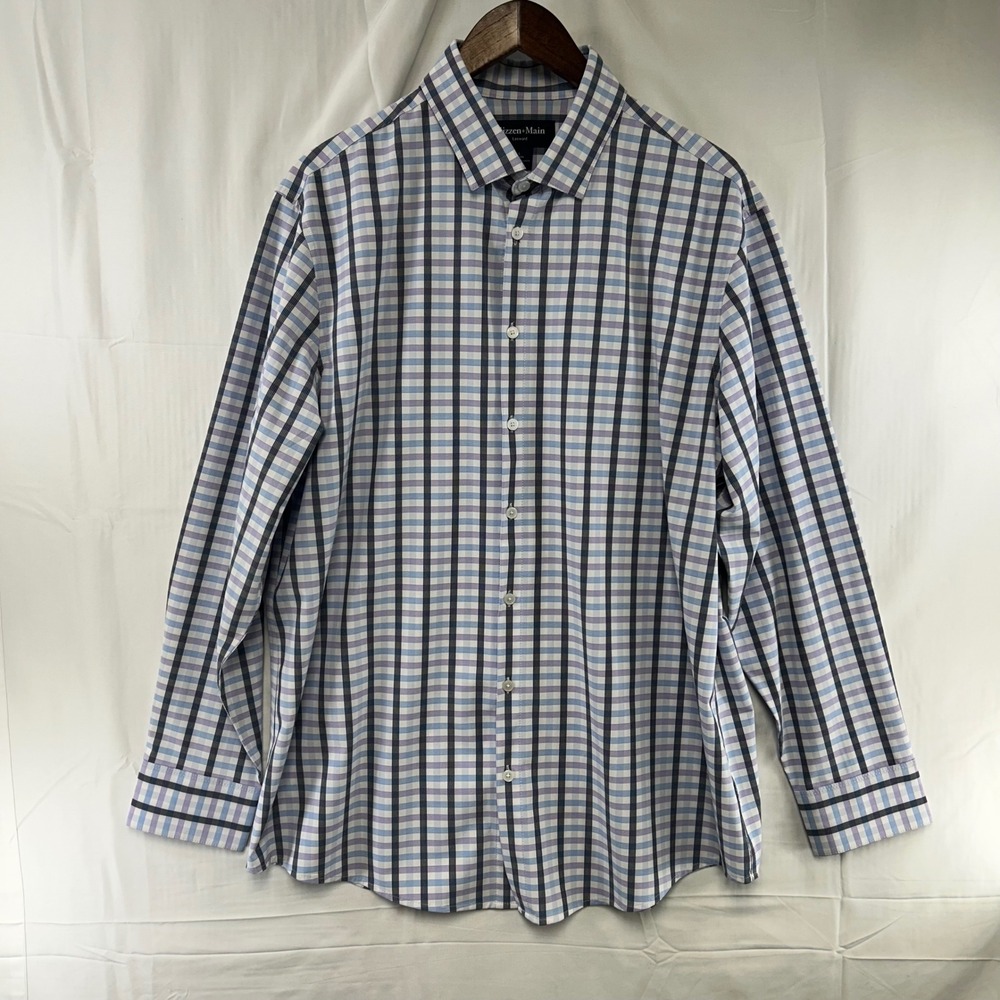 Mizzen+Main Leeward Dress Shirt Mens Large Blue Purple Plaid Performance Classic